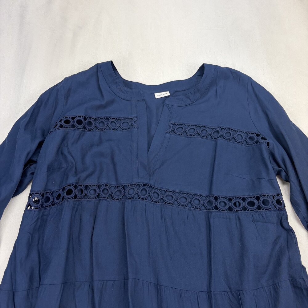 Lascana Navy Tiered Lace Tunic Blouse Bell Sleeve Size 12 - Picture 7 of 11